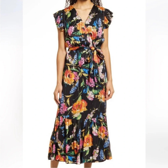SAM EDLELMAN FLORAL FAUX WRAP MIDI DRESS IN BLACK NWT Size 0 Chiffon V Neck - Picture 1 of 15